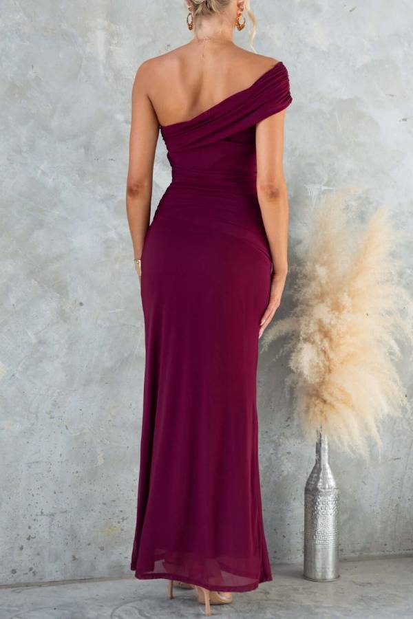 One-Shoulder Printed Mesh Bodycon Mermaid Maxi Dress
