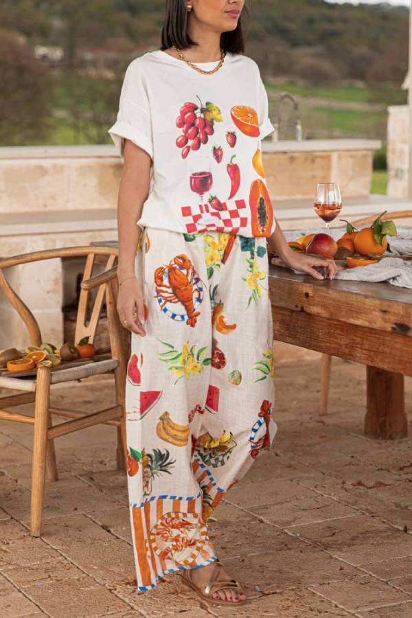 Unique Printed Elastic Waist Pocket Vacation Casual Wide Leg Pants