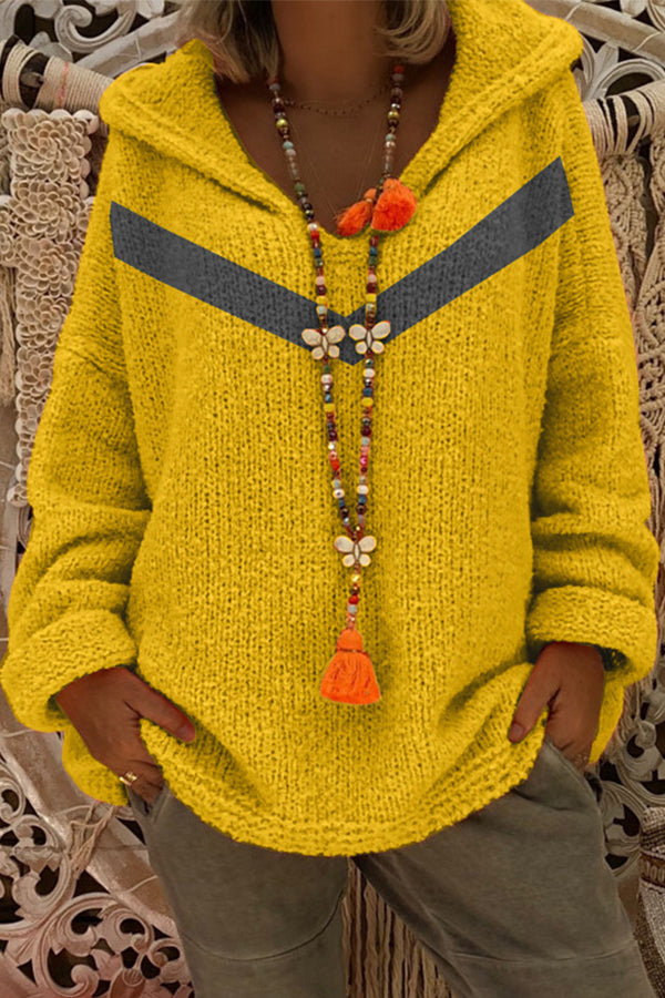 Color Block Loose Hooded Pullover Sweater Yellow