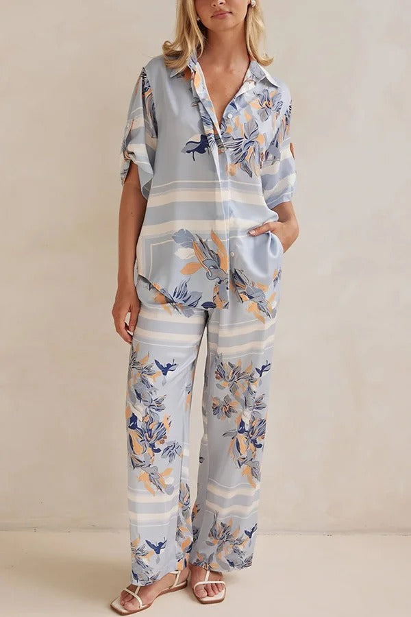 Fashionable Plant Print Loose Lapel Short Sleeve Shirt and Casual Elastic Waist Pocket Pants Set