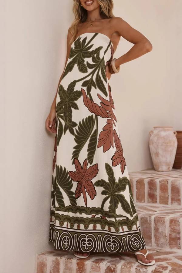 Tropical Leaf Print Strapless Straight Maxi Vacation Dress