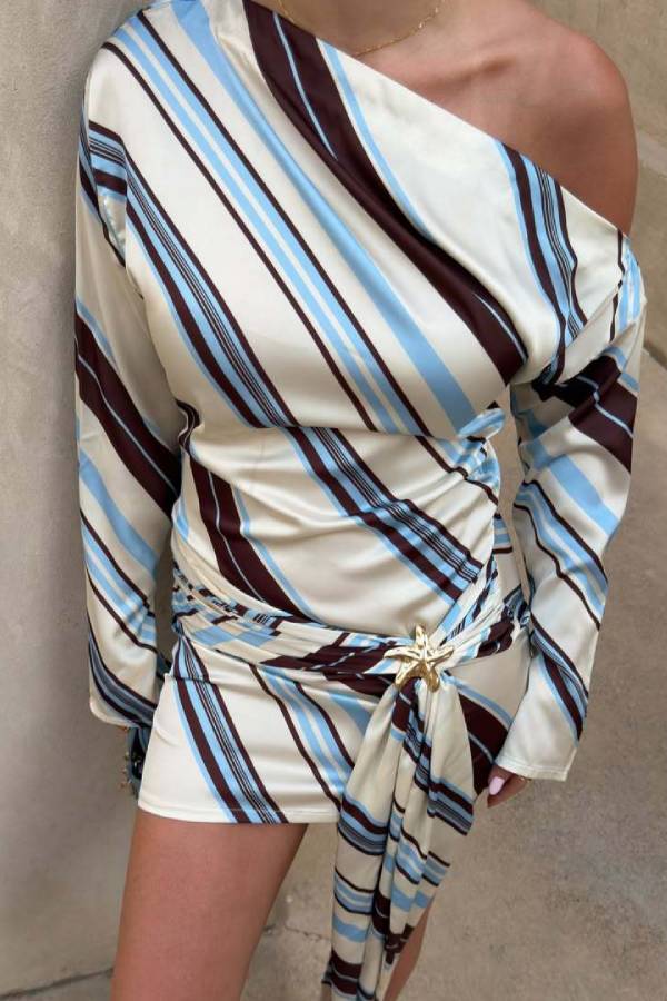 Off‑Shoulder Striped Long Sleeve Tie Sash Bodycon Mini Dress