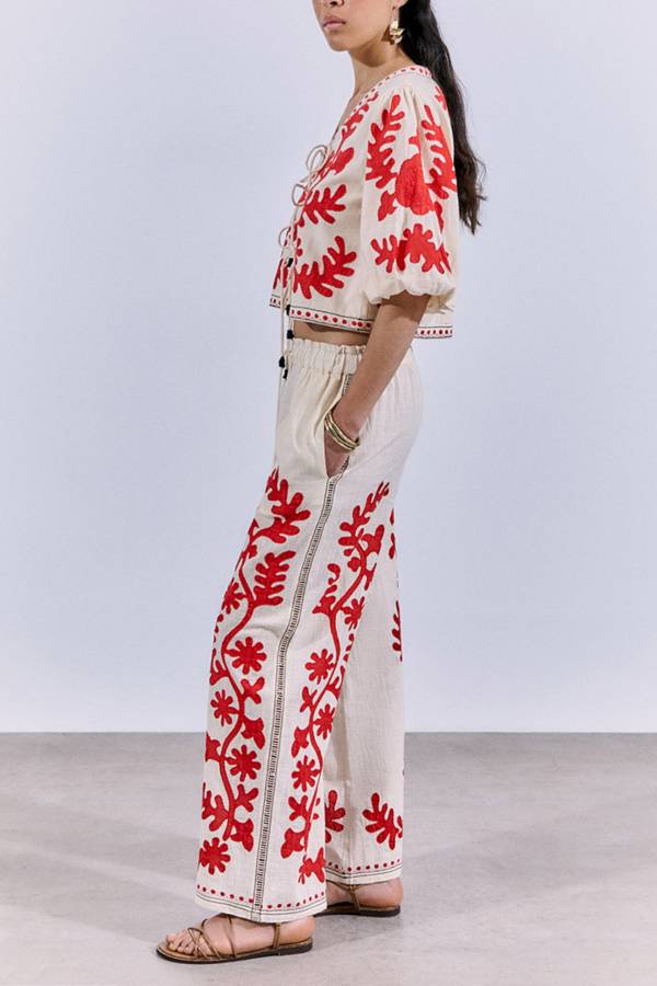 Till Sunset Linen Blend Unique Print Lace-up Puff Sleeve Shirt