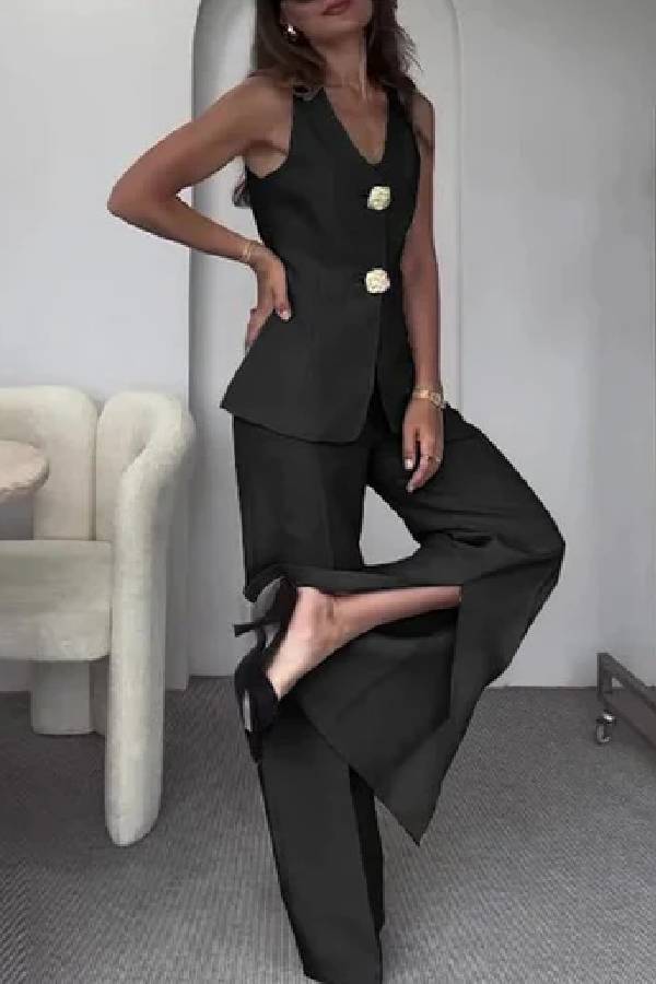 Solid Color Elegant Sleeveless Vest & Suit Pants Two-Piece Set Black