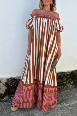 Off Shoulder Puff Sleeve Striped Geometric Print Loose Maxi Vacation Dress