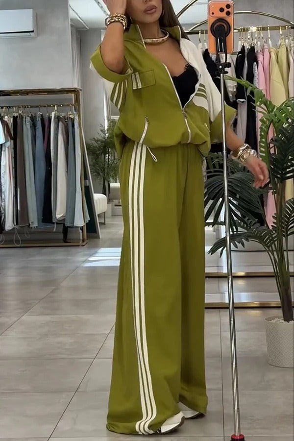 Fashionable Sporty Color-blocked Stripes Half Sleeve Zipper Drawstring Top and Elastic Waist Pocket Pants Set