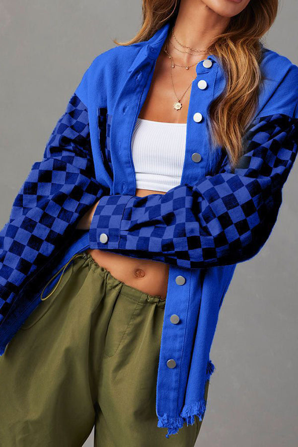 Fashionable casual loose plaid contrasting raw edge denim jacket Blue