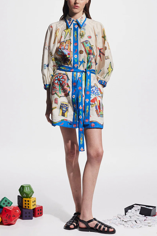 Linen Blend Unique Printed Balloon Sleeve Pocket Tie Waist Mini Dress Multicolor