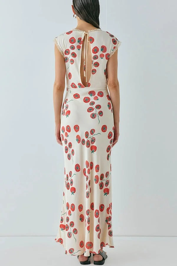 Vintage Inspired Tomato Print Lace Trim Open Back Tie-up Maxi Dress