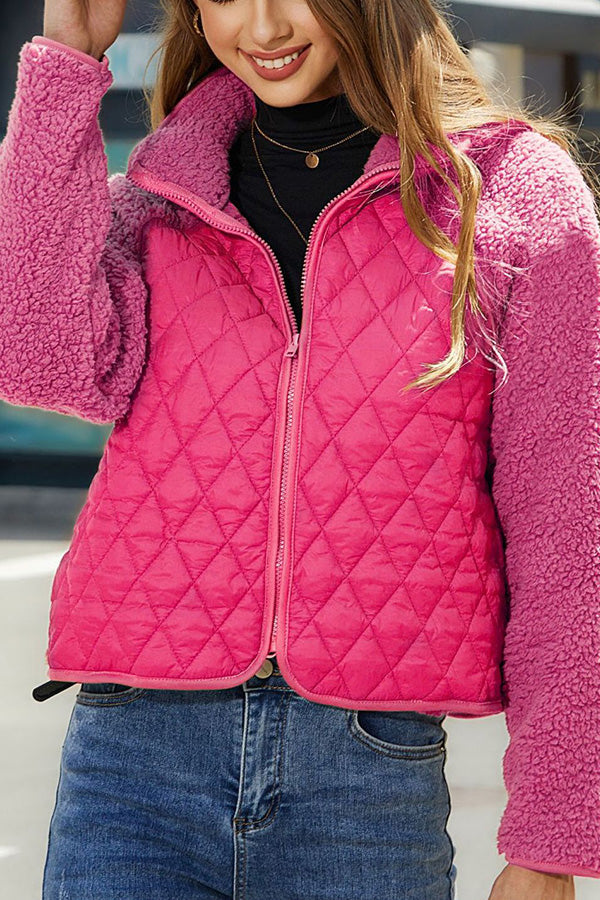 Plush paneled zipped long-sleeve jacket Pink