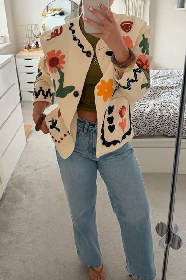 Vintage Floral Graffiti Embroidered Round‑Neck Jacket
