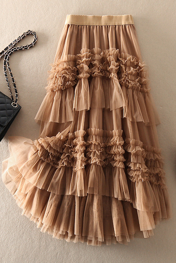 Elegant Mood Tulle Pleated Ruffle Elastic Waist Tiered Midi Skirt Brown