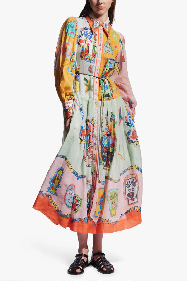 Set for Vacay Unique Print Colorblock Balloon Sleeve Belt Shirt Maxi Dress Multicolor