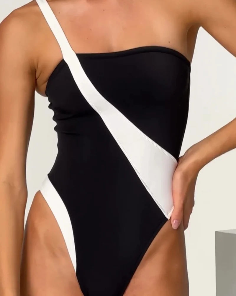Women's contrasting color one-shoulder swimsuit Black