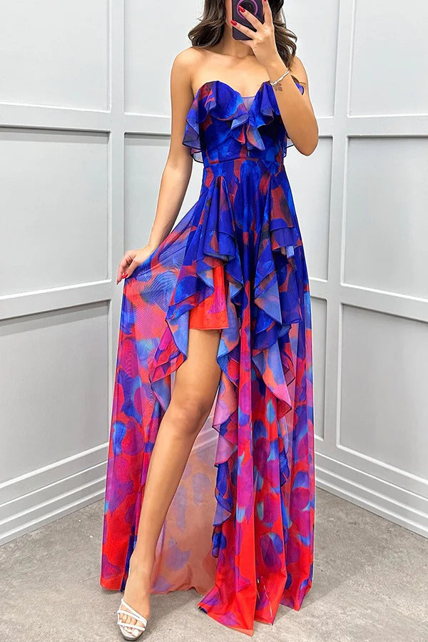 Loving Moment Gradient Unique Print Flowing Layered Ruffles Strapless Slit Maxi Dress Pink
