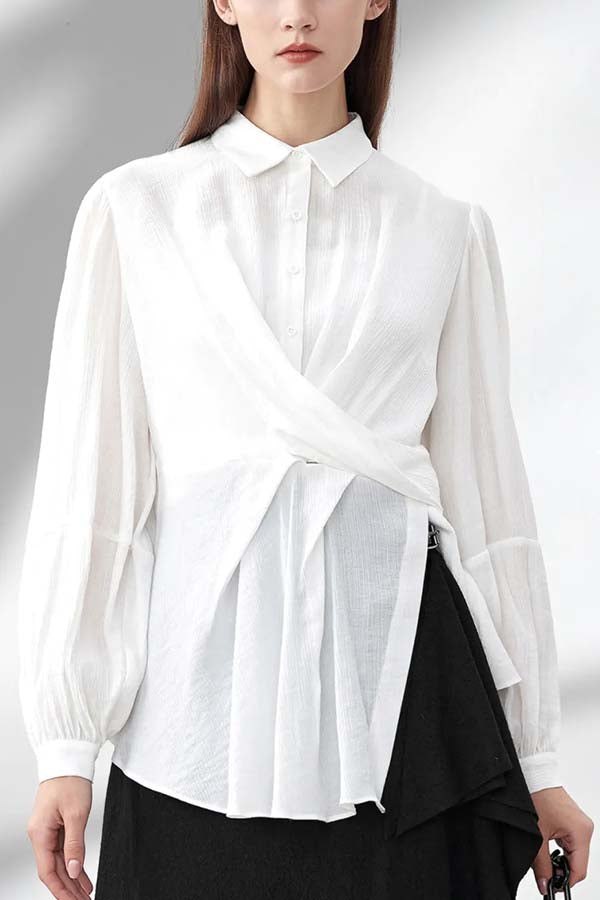 LAPEL COLLAR IRREGULAR LONG SLEEVE SHIRT White