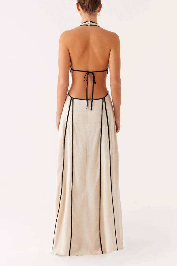 Halter Neck Deep V Contrast Trim Cutout Backless Maxi Dress