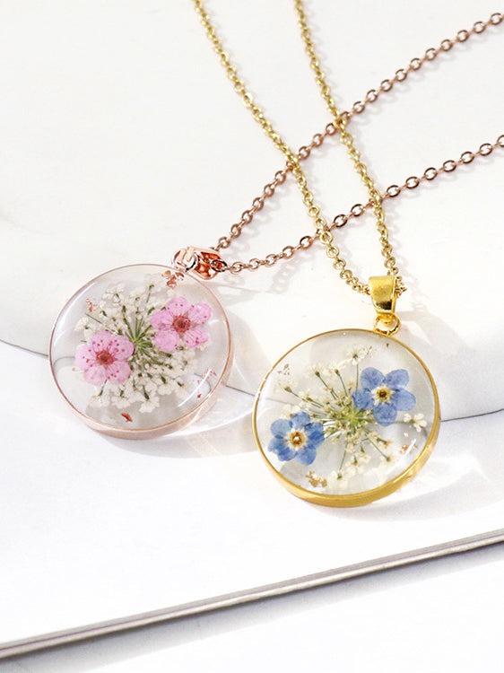 Real Dried Forget-Me-Not Flower Pendant Necklace Pink one size