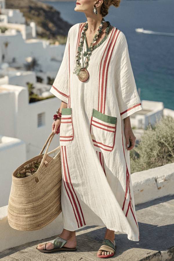 Resort-style striped pocket loose long dress