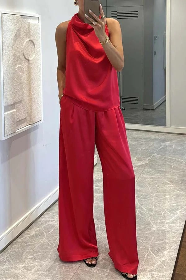 Classic on You Satin High Cowl Neck Top and Elastic Waist Pocket Loose Pants Set