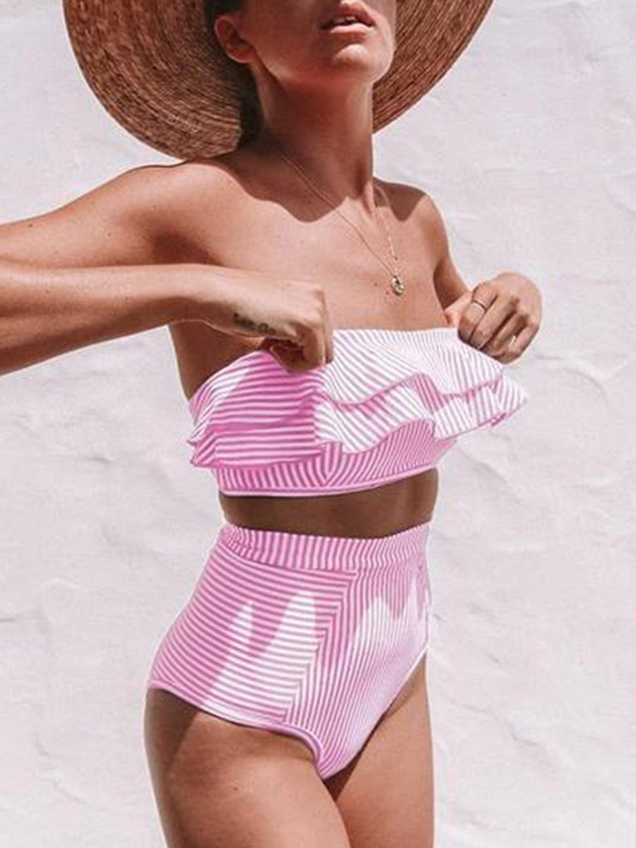 Flounce Sleeve Bandeau Stripe Swimsuit Pink