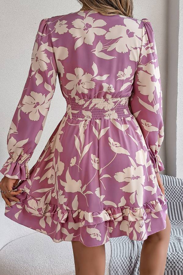 Floral print deep V long sleeve fitted waist ruffle dress
