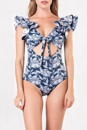 Floral Ruffled Hollow One-piece Swimsuit