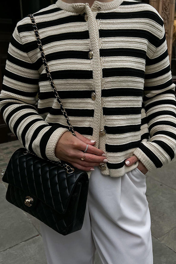 Striped small fragrant style knitted cardigan White