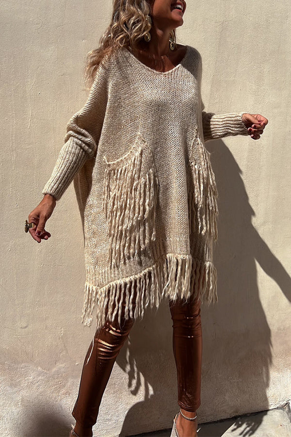 Coming with You Knit Tassel Trim Pocketed Loose Sweater Beige