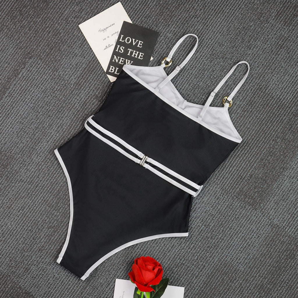 Black & White Contrast Metal Buckle Belt One-Piece Swimsuit
