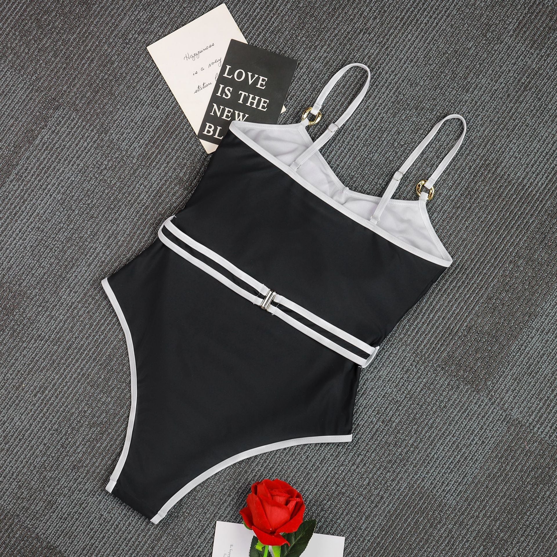 Black & White Contrast Metal Buckle Belt One-Piece Swimsuit