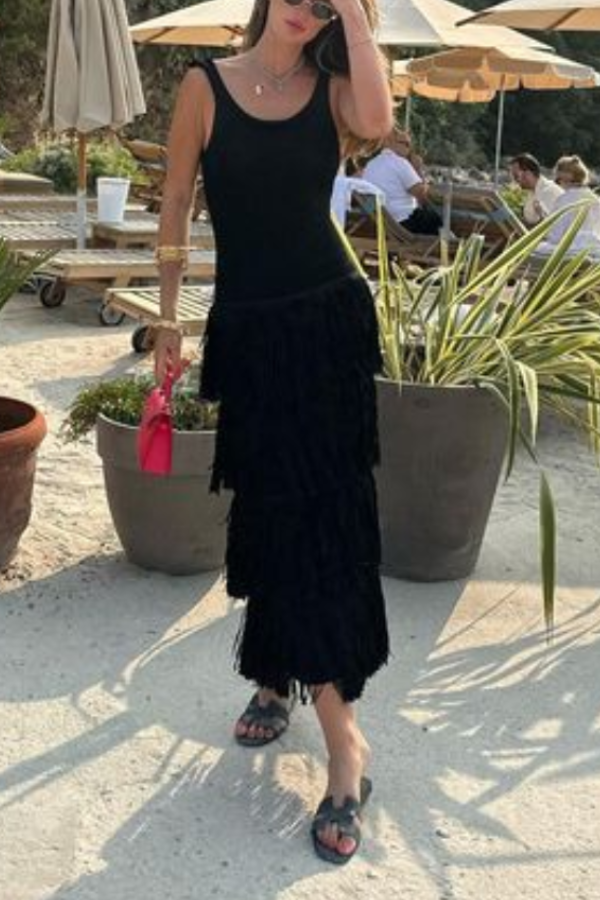 Solid Color Hem Fringe Knitted Suspender Dress Black