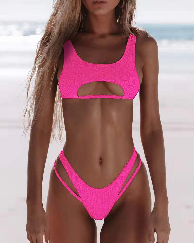 Solid color hollow bikini Pink