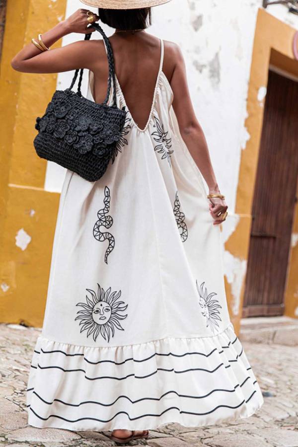 Multi-Print Backless Strap Vacation Flowy Maxi Dress