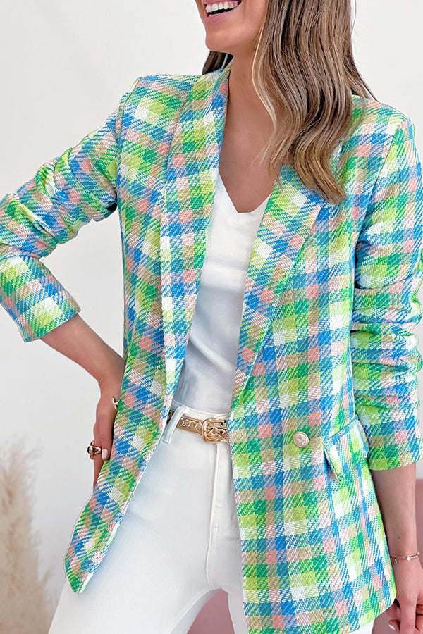 Long sleeve pocket printed double breasted casual jacket Blue