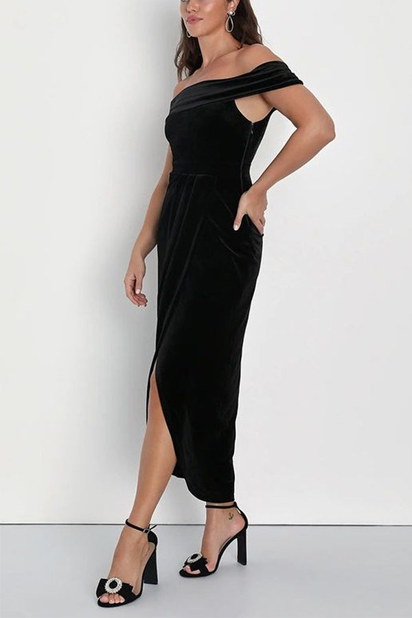 Elegant velvet one-shoulder slit dress Black