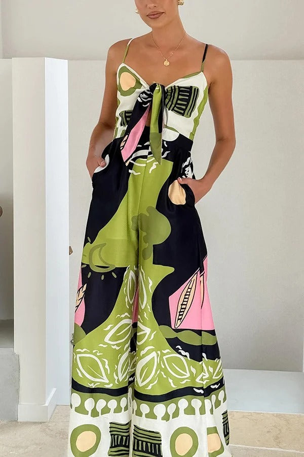 Unique Print Back Pleated Suspender Wide-leg Jumpsuit