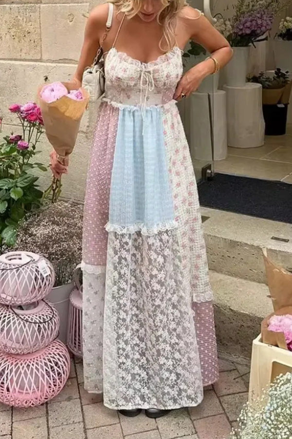 Floral Lace Sexy Halterneck Backless Patchwork Maxi Dress Multicolor