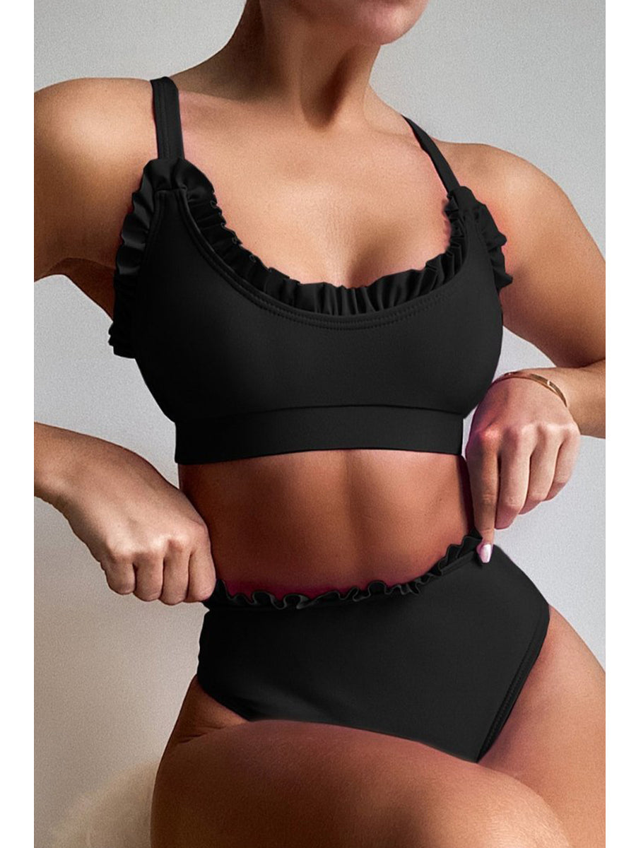 High-waisted Fold Design Purple Bikini Set(2 Colors) Black
