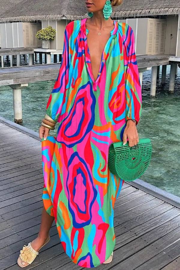 Colorful Abstract Print Loose Vacation Shirt Maxi Dress