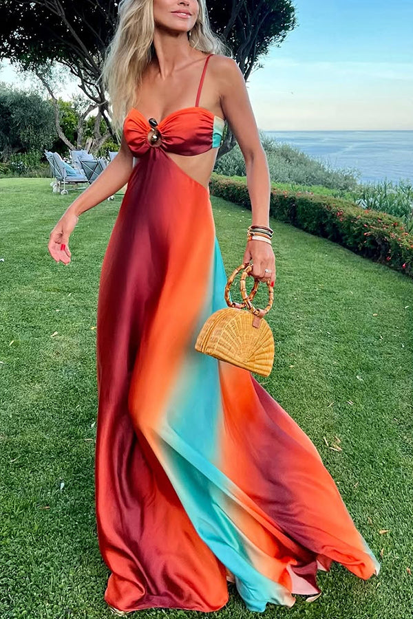 Neon Sunset Printed Metal Decoration Cutout Back Tie-up Vacation Maxi Dress Orange