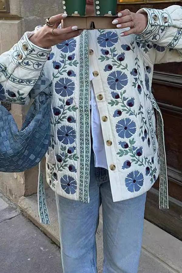 Casual Street Flowers Lace Up Buttons Patchwork O Neck Outerwear Blue