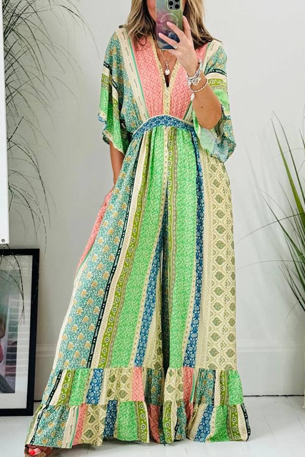 Last Queen Retro Floral Flare Sleeve Pocketed Loose Wide Leg Jumpsuit Green