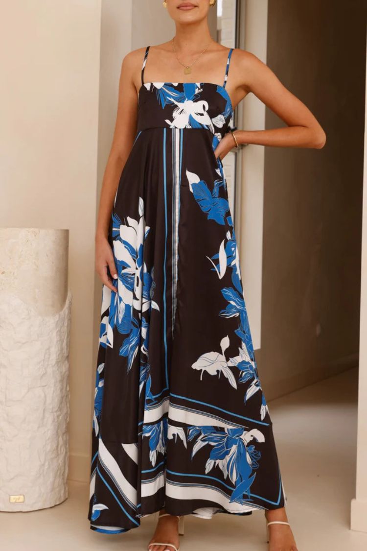 Botanical Print Square Neck Suspender Casual Full Hem Maxi Dress