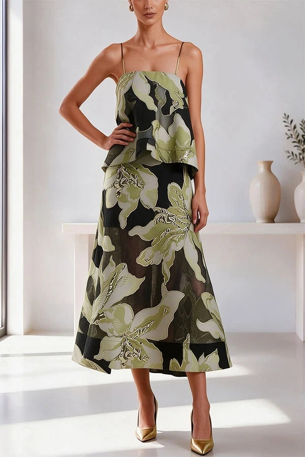 Effortlessly Romantic Floral Print Tiered Slip Square Neck A-line Maxi Dress
