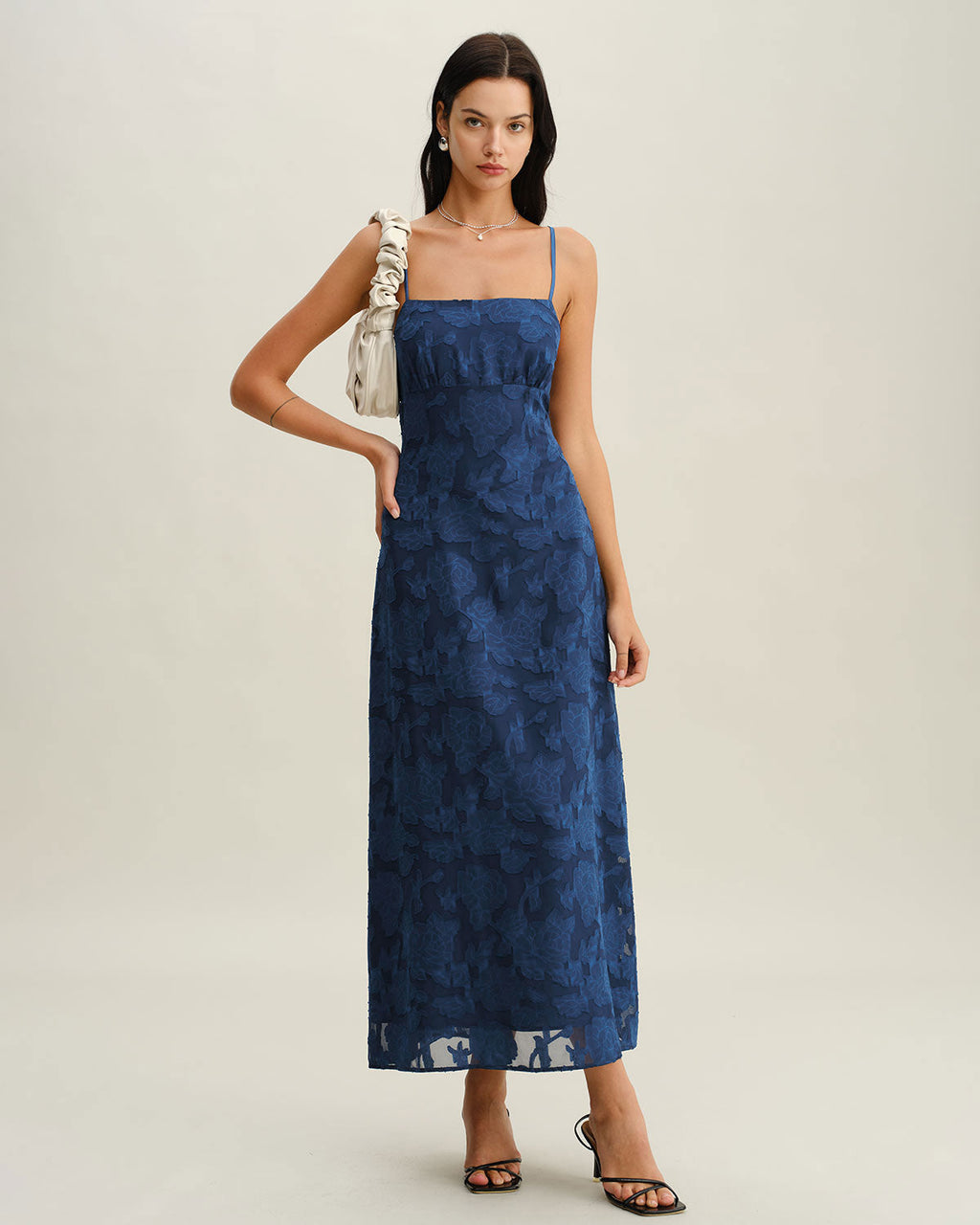 Jerely-Navy Jacquard Slip Backless Maxi Dress