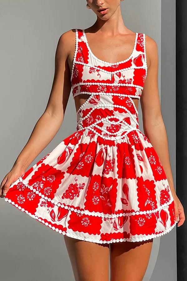 Holiday Colors Ric Rac Trims Unique Print Cutout Round Neck Mini Dress Red