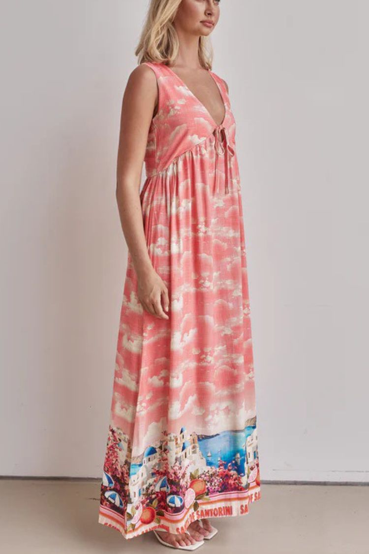 Resort Style Unique Printed Sleeveless V-neck Casual Maxi Dress