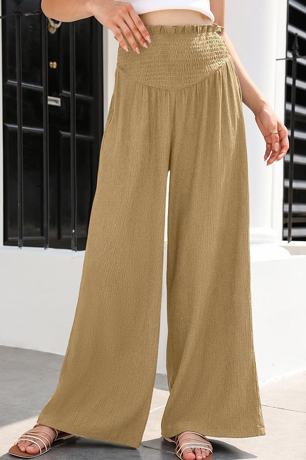 Cotton and linen distressed mid-rise wide-leg trousers Khaki