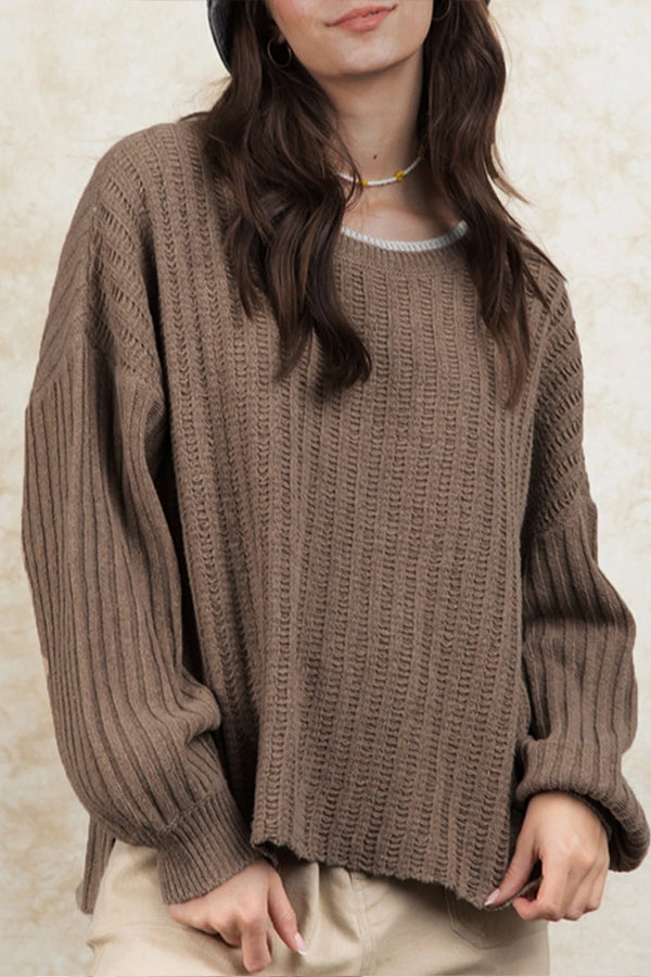 Smoke Gray Ribbed Contrast Neckline Drop Sleeve Sweater SMOKE GRAY